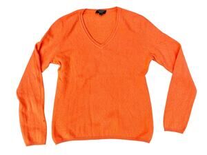 100% Cashmere Bright Tangerine Orange V-Neck sweater - Size L